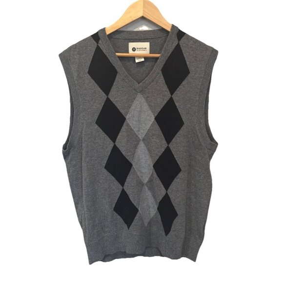 Haggar Men's Argyle Sweater Vest Large Black Gray Sleeveless Knit Pullover - Picture 1 of 9